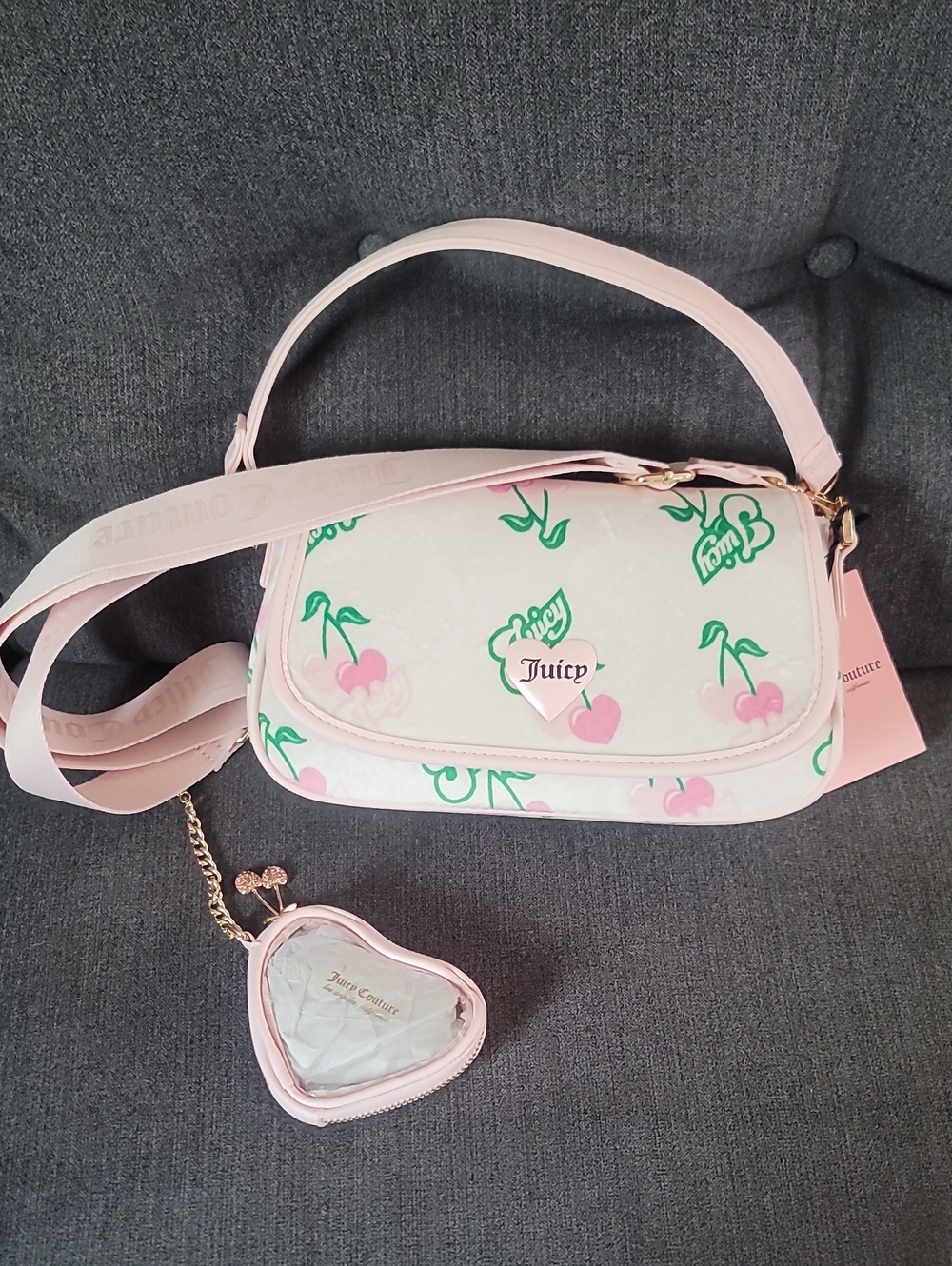 Juicy Couture Light Pink Cherry Shoulder Bag with Heart Charm